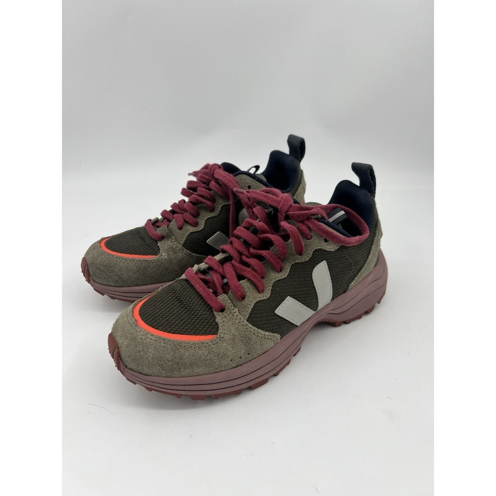 Veja Women's Olive Green & Burgundy Athletic Sneakers with Orange Accents